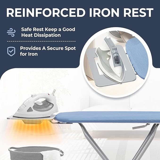 STO STO Ironing Board 48" x 15" with Iron Holder, Adjustable Height 26" to 36", Full Size Foldable Iron Board with Silver Coated Cotton Removable Cover, Sturdy Steel Frame and Legs, Blue