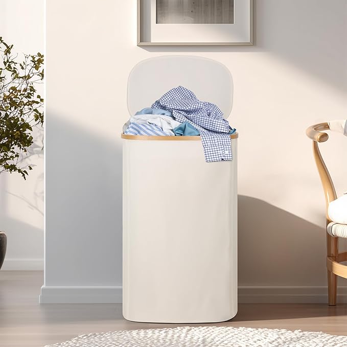 Laundry Hamper with Lid, 100L Clothes Hampers for Laundry with Bamboo Handles and A Removable Bag, Fordable laundry Basket with Lid for Bathroom, Bedroom, Dorm, Laundry Room