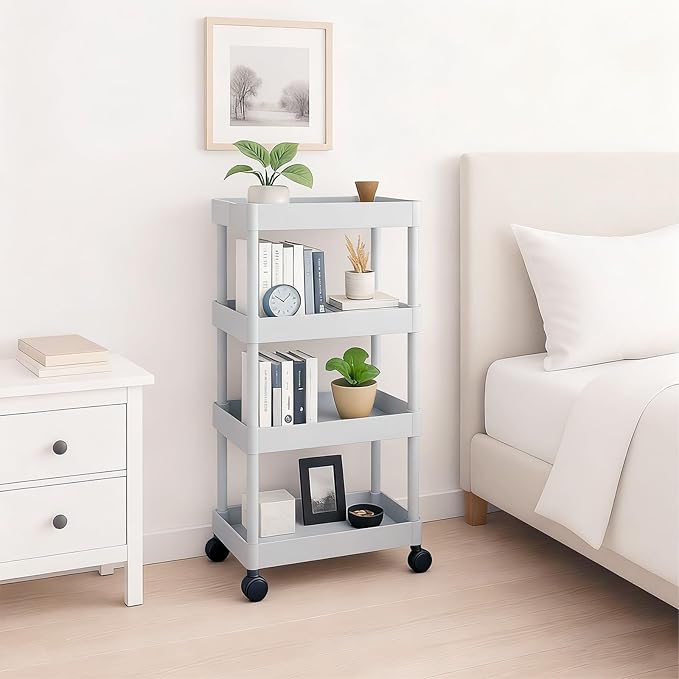 ShellKingdom 4 Tier Bathroom Storage Organizer, Slim Rolling Storage Cart for Narrow Space, Mobile Shelving Unit with Lockable Wheels and Hooks for Bathroom, Kitchen, Laundry Movable Shelf (Grey)