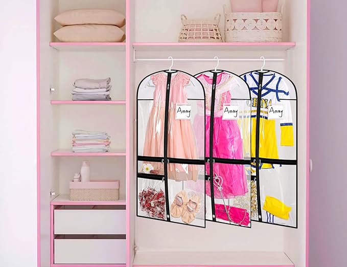 Kimbora Clear Dance Costume Garment Bag for Dancers 3 Zippered Pockets Kids Embroiderable Competitions Bags, Clothes Cover for Girls Dress(3 Packs)