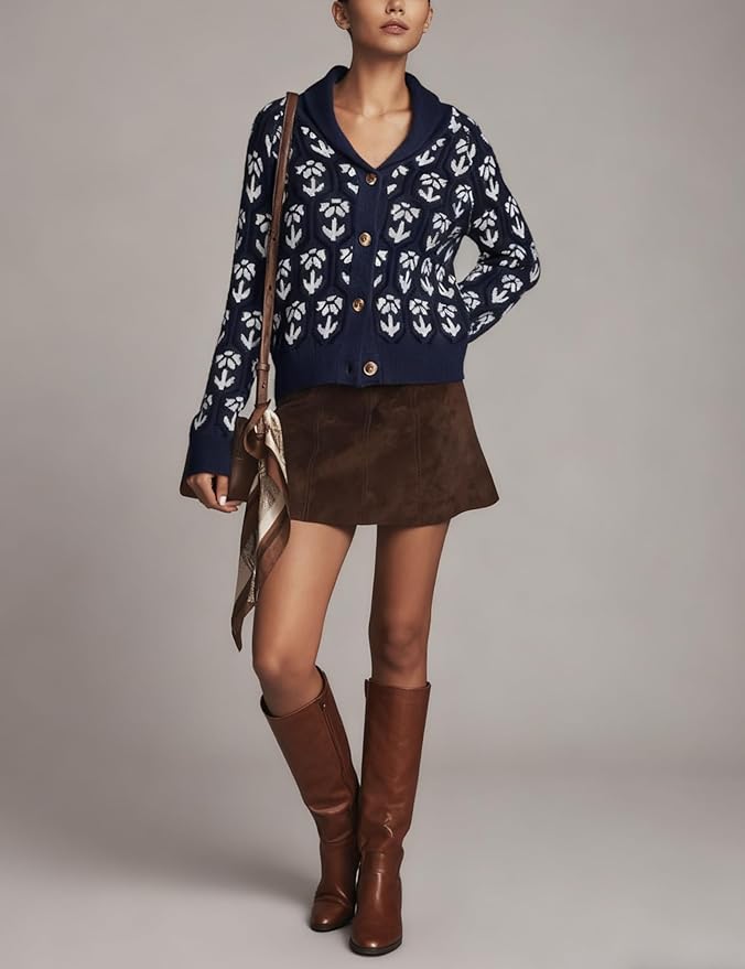 Women Floral Cropped Cardigan Sweaters Shawl Collar Long Sleeve Button Down Knit Jacket Flower Print Knitwear