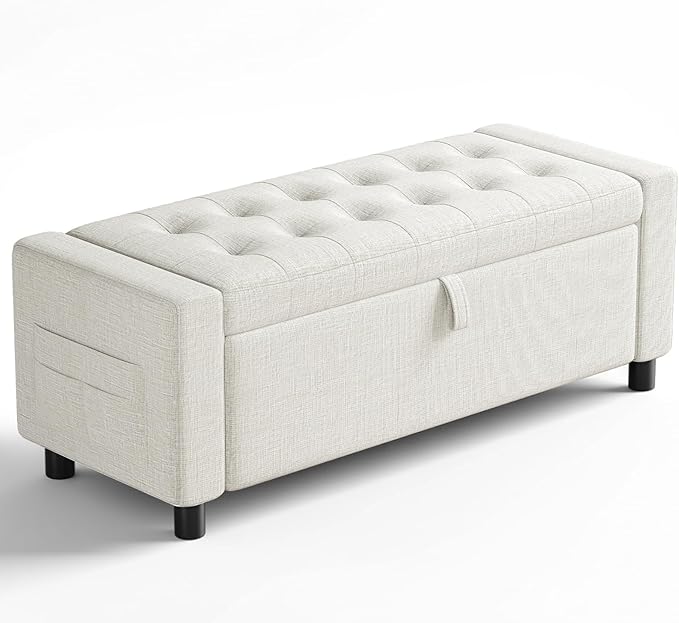 Amada 46" Storage Ottoman Bench with Safety Hinge, Hidden Compartment & Side Pocket - Upholstered End of Bed/Entryway Bench for Bedroom & Living Room, 400 lbs Weight Capacity, Beige