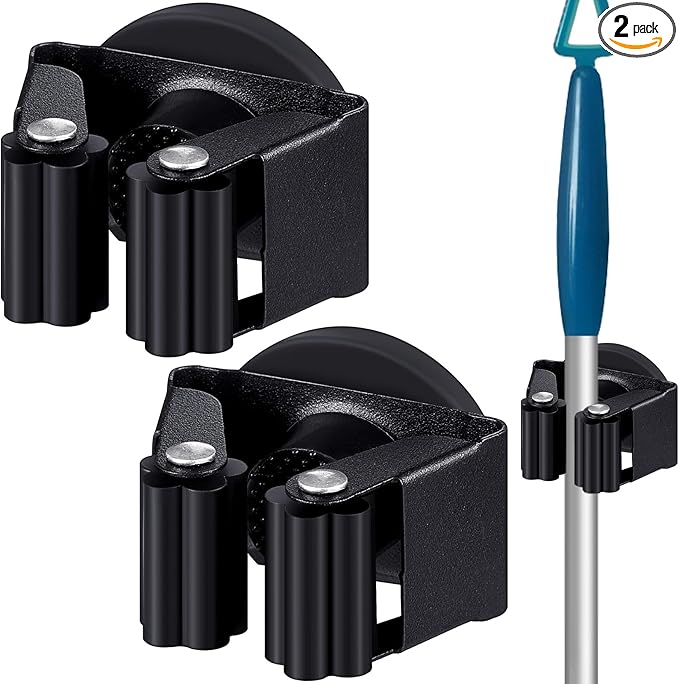 2 Pcs Magnetic Mop Broom Holder Movable Magnetic Broom Holder Rack, Anti Slip Wall Mounted Utility for Cleaning Tools, Garage, Kitchen, Laundry, Garden (Black)