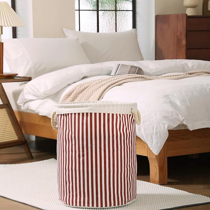 Large Storage Laundry Hamper Basket 62L with Handles, Waterproof, Freestanding, Collapsible Laundry Hamper, Classic Stripes Pattern, Red Color-Dirty Clothes Toy Organizer Bins