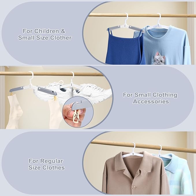 6 Pack Fodable Travel Hangers with Clips & Adjustable Clothesline, Portable Collapsible Hangers with Storage Bag for Suitcase, Hotel, RV, Cruise Essentials Set (Grey)