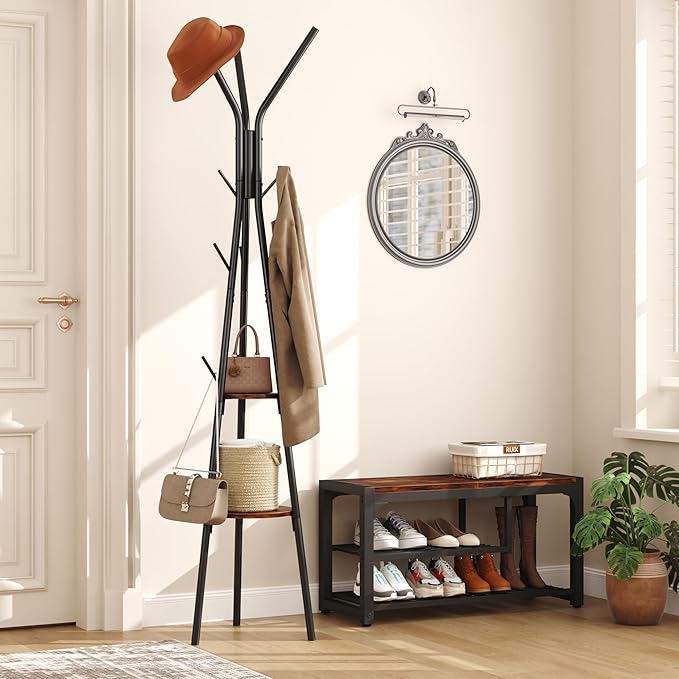 HOMEFORT Coat Rack, Coat Hanger Stand with 2 Shelves, Freestanding Hall Tree, Metal Hat Hanger with 12 Hooks for Clothes Hats and Scarves, Black and Rustic Brown,15.7" Wx15.7 Dx72.8H