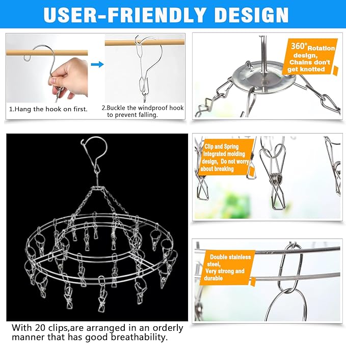 Stainless Steel Sock Drying Rack with 20 Clips, Stainless Steel Space-Saving Dryer Rack Washline with Peg for Sock,Towels,Bras,Underwear Etc Small Laundry Items (Stainless Steel-Round)