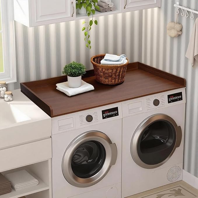 54"x27.5" Washer Dryer Countertop Cover - Laundry Room Table Top with Non-Slip Surface & Protective Edge, Fold Clothes and Detergent Organizer Shelf, Easy Assembly (Brown)