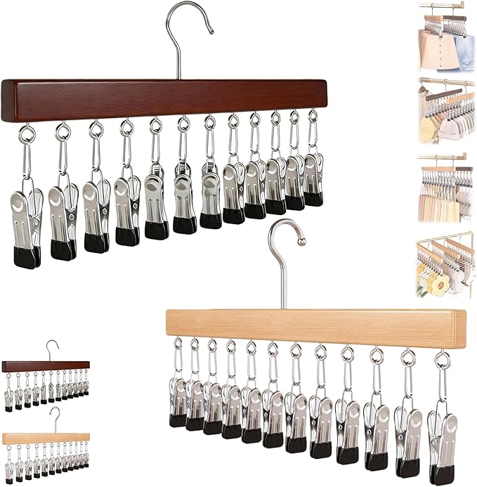 2026 New Closet Organizer with 10 Clips - Space Saving Hanging Closet Organizer, 12 Clips, Closet Organizers and Storage, 360° Rotating, for Jeans, Hats, Shorts, Socks (（Brown+Nature）*2)