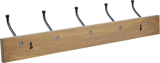 Amazon Basics Rectangular Farmhouse Wall-Mounted Coat Rack for Entryway and Bedroom, Storage Organizer, 5 Hooks, Barnwood | Farmhouse, with Storage Hooks, Rectangular