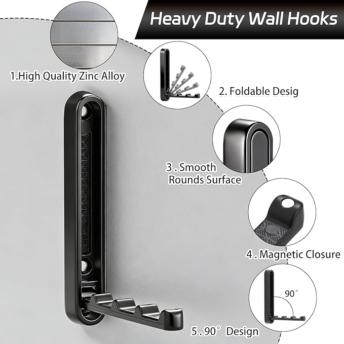 2 Pcs Folding Coat Hooks, 4.33 in Extended Foldable Black Wall Hooks Heavy Duty Valet RV Hooks Bathroom Towel Hooks Robe Hooks Wall Mounted for Hanging Towels Clothes Coat Hat Bags
