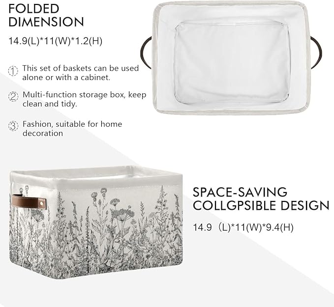Black and White Flowers Storage Baskets,Decorative Collapsible Rectangular Canvas Fabric Storage Bin for Home