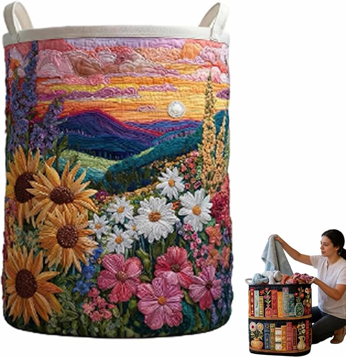Quilted Laundry Basket, Quilted Laundry Basket with Handles, Boho Fabric Floral Storage, For Bedroom Laundry (#19, 14"L x 14"W x 18"H)
