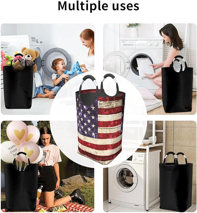 American Flag Laundry Basket Vintage Foldable Laundry Hamper Collapsible Laundry Baskets with Handles Clothes Hamper Laundry Tote Bag for Dorm Family Storage Bin 50L