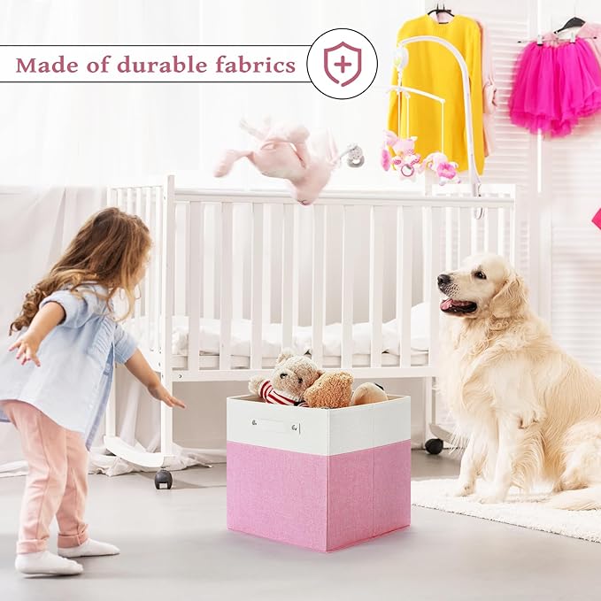 13 x 13 Inch Fine Linen Storage Bins with Handles，Fabric Cube Boxs，Basket Organizers for Shelves for Home, Closet Drawers (White/Pink-4 Pack)