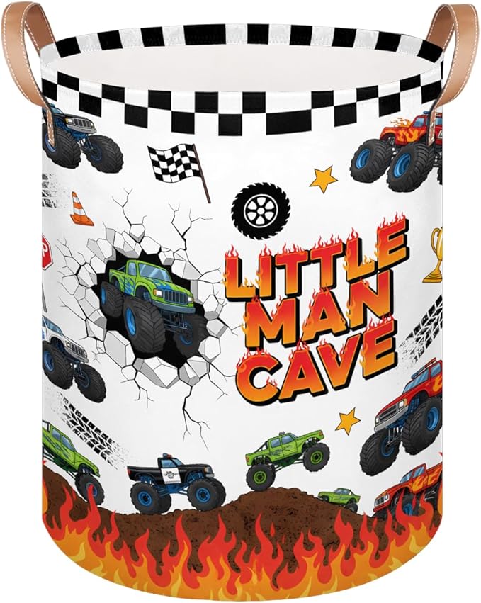 Large Laundry Basket Hamper - Monster Car Trucks Collapsible Storage Bin for Blankets, Kids Toys, Clothes, Little Man Cave 62L Tall Baby Nursery Hamper for Bathroom, Boys Bedroom Decor,Gift Basket