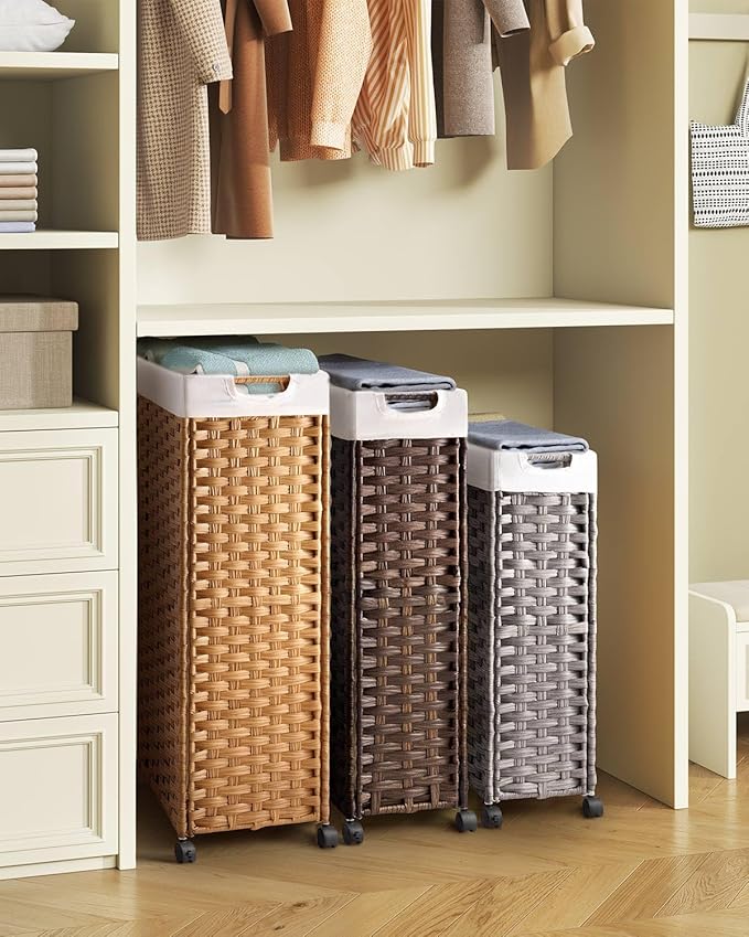Greenstell Laundry Hamper with Wheels, 17.4 Gallon (66L) Slim Laundry Basket with 2 Removable Liner Bags & 2 Mesh Bags, Narrow Rattan Clothes Hamper for Bedroom, Laundry Room, Bathroom, Natural