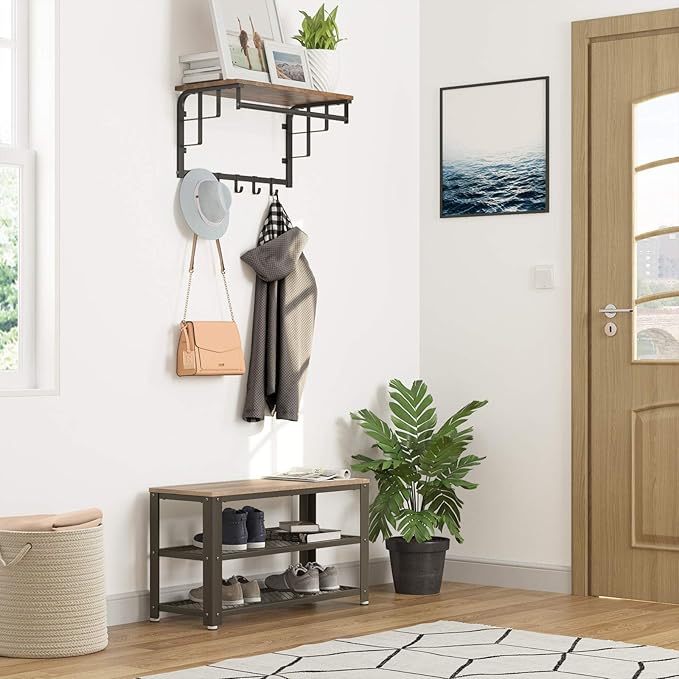 VASAGLE 3-Tier Shoe Rack, Shelf Storage Bench with Metal Mesh Shelves and Seat, Free Standing Shoe Organizer for Entryway, 11.8 x 28.7 x 17.7 Inches, Greige and Black ULBS73MB