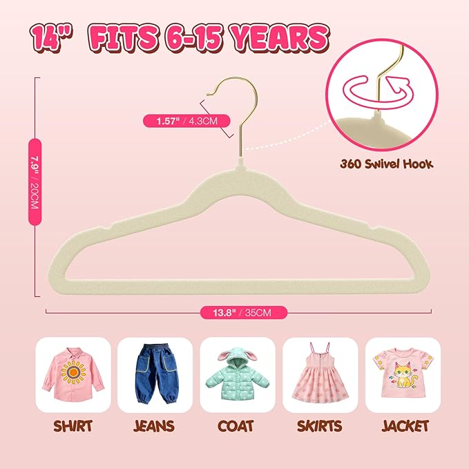 Korpai 30 Pack Kids Velvet Hangers 14 Inch, Non-Slip, Ultra Slim,Space-Saving Kids Hangers with 360° Swivel Hook, 7LBS Capacity, Kids Clothes Hangers Ideal for Youth's Dresses/Shirts/Coats, Beige