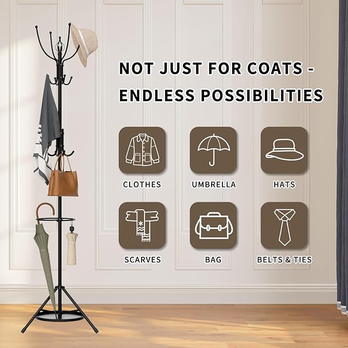Coat Rack Freestanding - 67" H Black Metal Coat Rack Stand with Umbrella Holder with 12 Hooks for Bathroom Bedroom Entryway Living Room & Office for Hats, Coats, Scarves, Handbags