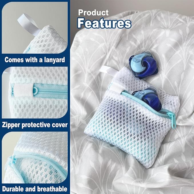 4 Pack Laundry Pod Bags with Zipper, Reusable Mesh Wash Bags for Anti-Sticking & Stain Prevention, Secure Holder for Detergent Pods & Scent Beads, Washer Safe Delicates Laundry Aid