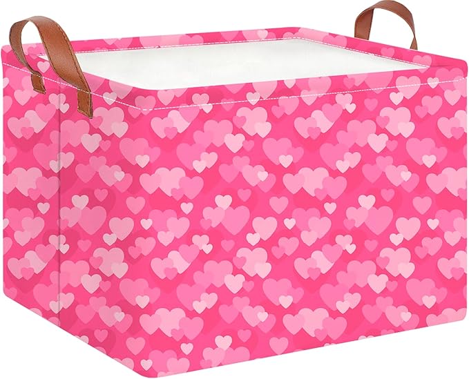 CLOCOR Rectangular Pink Valentine's Day Basket Empty, Heart Print Gift Basket for Valentines, Waterproof Storage Container with Handles,(Highlight Heart)