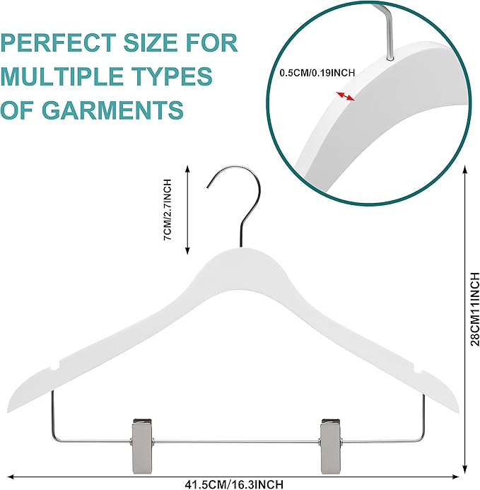 20 Luxury Ultra Thin Space Saving Wooden Skirt Pant Hanger with Adjustable Clips Best for Skirts, Pants, Shirts, Blouses, Dress, Hangers (White - Skirt/Blouse, 20)