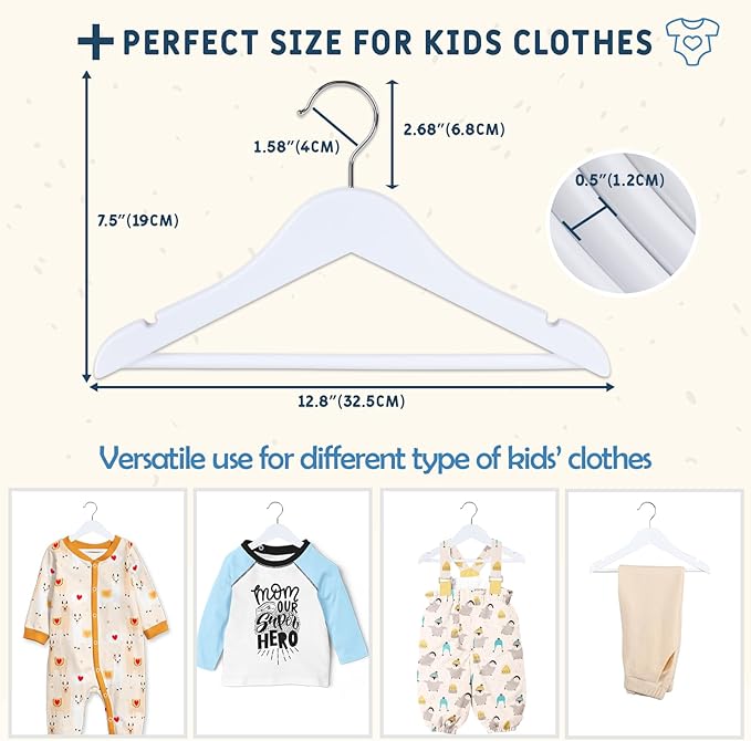 Kids Wooden Hangers 20 Pack, White Wooden Baby Hangers with Smooth Finish, Solid Wood Children Hanger for Clothes with Precisely-Cut Notches, Swivel Hook Baby Clothes Hanger for Closet