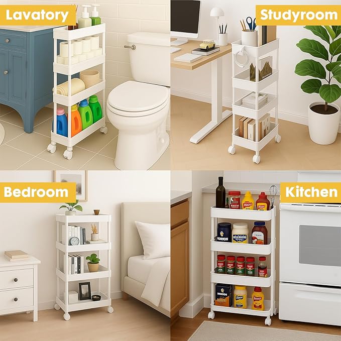 ShellKingdom 4 Tier Bathroom Storage Organizer, Slim Rolling Storage Cart for Narrow Space, Mobile Shelving Unit with Lockable Wheels and Hooks for Bathroom, Kitchen, Laundry Movable Shelf (White)