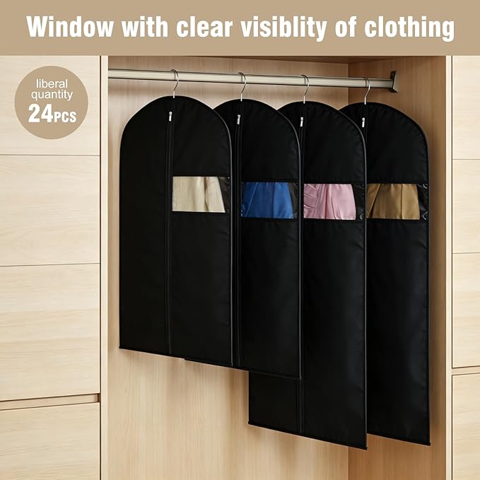 24 Pack Garment Bags for Hanging Clothes,47-inch Suit Cover Bags for Men Closet Storage Bags for Dresses, Shirts, Fur Coats, Dance Costumes - Hanging Suit Cover with Zipper and Clear Window