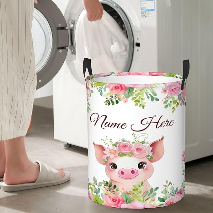 Personalized Pig Laundry Basket For Baby Kids Boys Girls Adult Custom Hamper Basket With Name For Bathroom Bedrooms Collapsible Baby Dirty Clothes Hamper With Handles