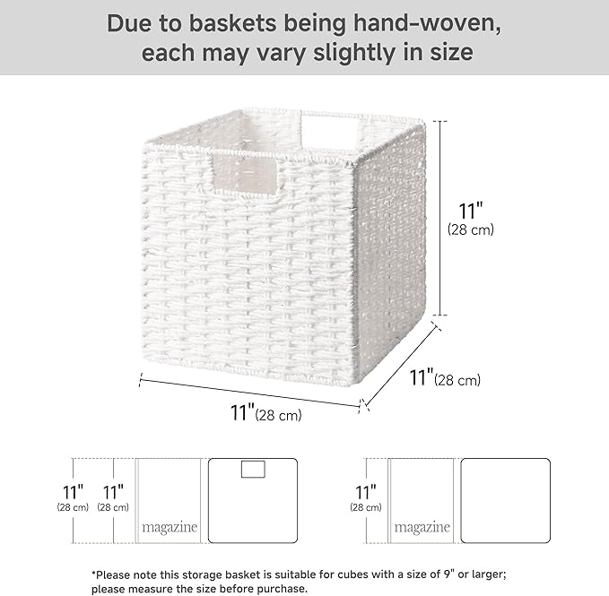 StorageWorks 11 inch Wicker Storage Cubes, Handwoven Cube Storage Bin, Square Cubes Basket, Foldable Paper Rope Basket for Organizing, White, 2 Pack