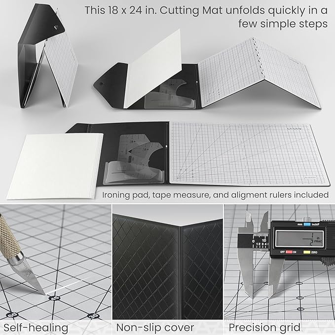 ARTEZA Fold & Stow Multifunctional Cutting Mat Set, 18x24 Inch, Self-Healing, Anti-Slip, with Detachable Ironing Pad, T-Shirt Alignment Rulers, and Tape Measure