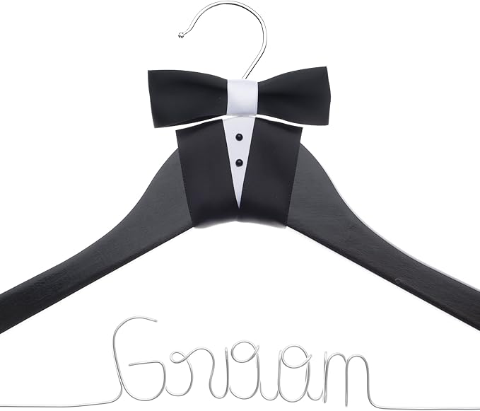 Ella Celebration Groom Hanger for Tuxedo or Suit, Hangers for Bridal Party, Wooden and Wire, Black Wood (Groom)