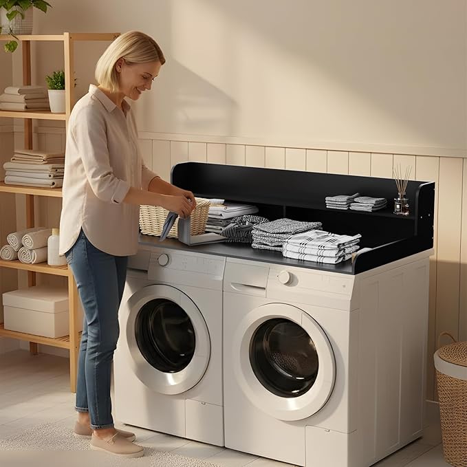 Fabuday 2-Tier Wood Washer Dryer Countertop with Shelf - Two Layers Laundry Topper for Storage & Organization, 54''x27.5''x11.9'' Counter Table with Edge Over Washing & Dryer, Charcoal Black