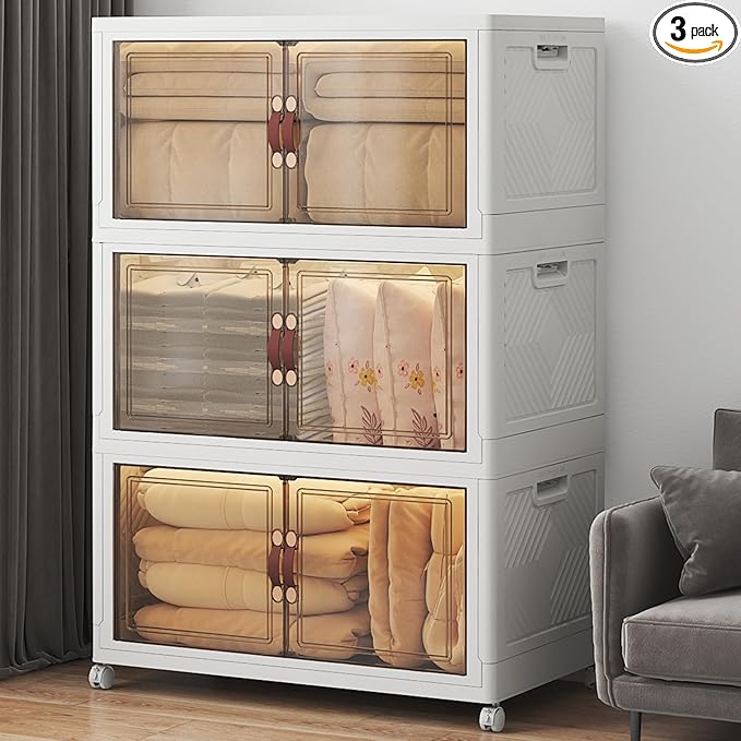 Extra Large Stackable Storage Bins, Lockable Storage Bins with Lids, Folding Storage box with Doors and Wheels, Collapsible Plastic Drawers for Home, Garage, Office (3, White, Extra Large)