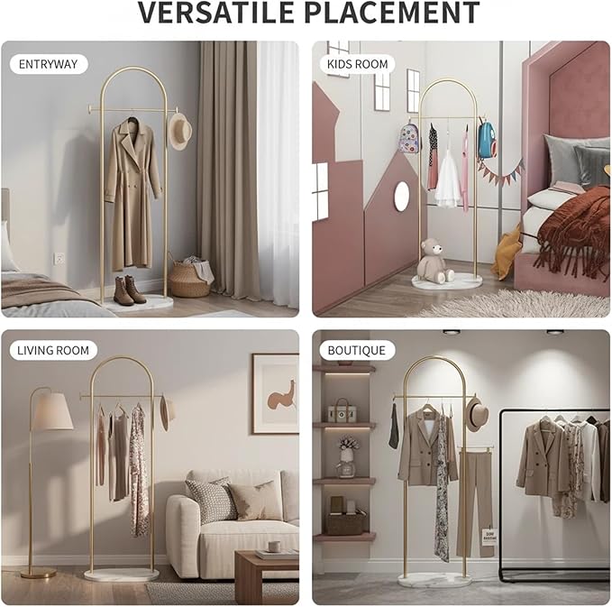 Gold Clothing Rack With Shelves, Modern Coat Rack Freestanding with Marble Base,Heavy Duty Clothes Racks for Boutiques,Metal Garment Rack suitable for Entryway Hallway, Office or Bedroom