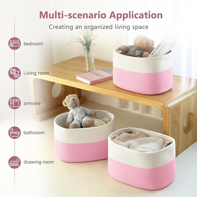 Cotton Rope Shelf Storage Basket, 15x10x9 in, Shelf Storage Baskets for Clothes, Towels, Books, Laundry (White/Pink, 2 Pack)
