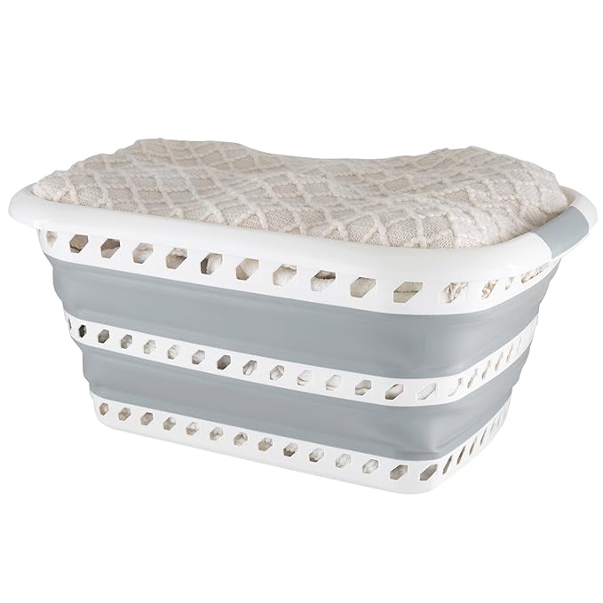 Collapsible Laundry Basket | Portable | Space Saver Storage | Hold 2 Loads | Store Under the Bed or Closet | Good for Kids | Dorm | Bedroom | Large | White/Grey