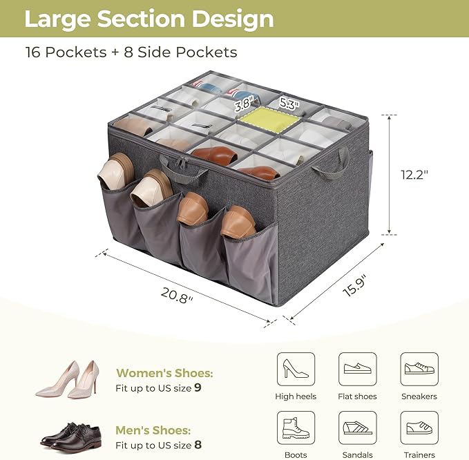 Shoe Organizer for Closet, Shoe Storage Solution with Clear Cover & Adjustable Dividers, Fabric Shoe Box Fits 16 +8 Pairs Shoes, Grey, 1-Pack