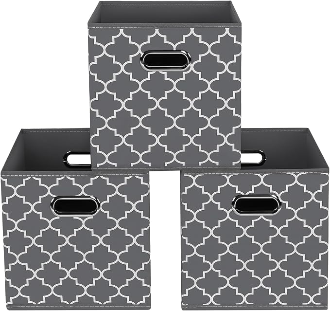 Fabric storage bins Cubes, Fabric Cube Organizer with Handle, Foldable Cube Bins for Cloth or Accessary Storage, 11x11x11, Set of 3, (Gray Light)