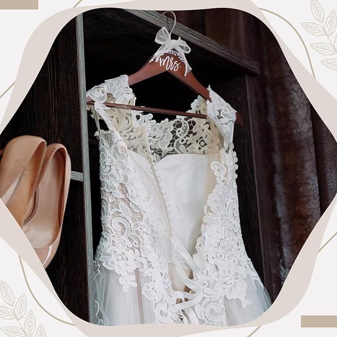 Bride Wedding Dress Pearl Mrs. Hanger with Pearl Ribbon Bow Elegant Wooden Dress Hanger to Be Ideal Keepsake for Wedding Day Gift(Walnut,Mrs)
