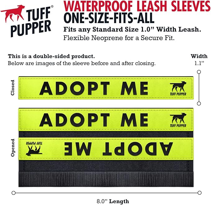 Tuff Pupper Waterproof Leash Sleeve | Fits Any Standard Size 1 Inch Wide Leash | Dual Sided Message | Durable Neoprene & Silicone | Odor & Stink Proof | Easy Secure On & Off (2 Pack, Adopt Me)