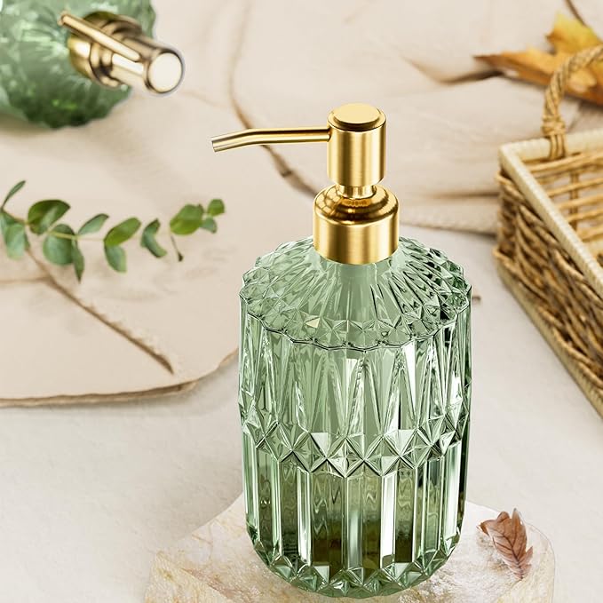 AmazerBath Soap Dispenser Green Glass Soap Dispenser with Pump Stainless Steel, 14.2OZ Luxury Gold Hand Soap Dispensers Bottles Bathroom, Refillable Kitchen Soap Dispenser for Dish Soap, 1 Pack