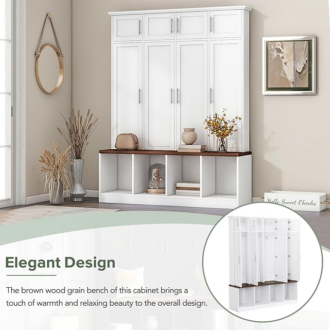 Multi-Functional Hall Tree with 4 Hidden Hanging Hooks, Brown Wood Grain Bench with Multiple Storage Space, Entryway Cabinet with Open Compartments for Living Room, Hallway (White-15.6)