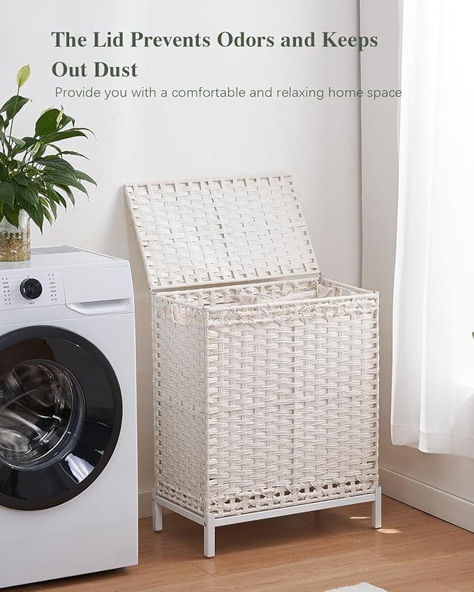 Laundry Hamper with Lid,112 L Handwoven Rattan Wicker Laundry Basket, 2 Removable Liner Bags Metal Heightened Feet,6 Mesh Bags,2 Section Large Clothes Hamper for Bathroom Bedroom, Cloud White