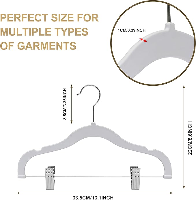 Quality Kids Children Plastic Non Velvet Non-Flocked Thin Compact Skirt Pant Coat Hangers with Metal Clips for Skirts Blouses 360° Swivel Hook, Jacket, Shirt, Legging, Suit Hangers (Cream White, 10)