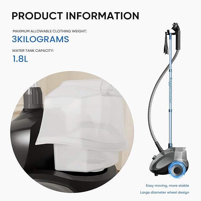 NEWBULIG Garment Steamer for Clothes Standing, 1500W Efficient Clothes Steamer Standing with Wheels, Professional 58OZ Water Tank for Continuous Steaming, Fast Heating Wrinkle Remover