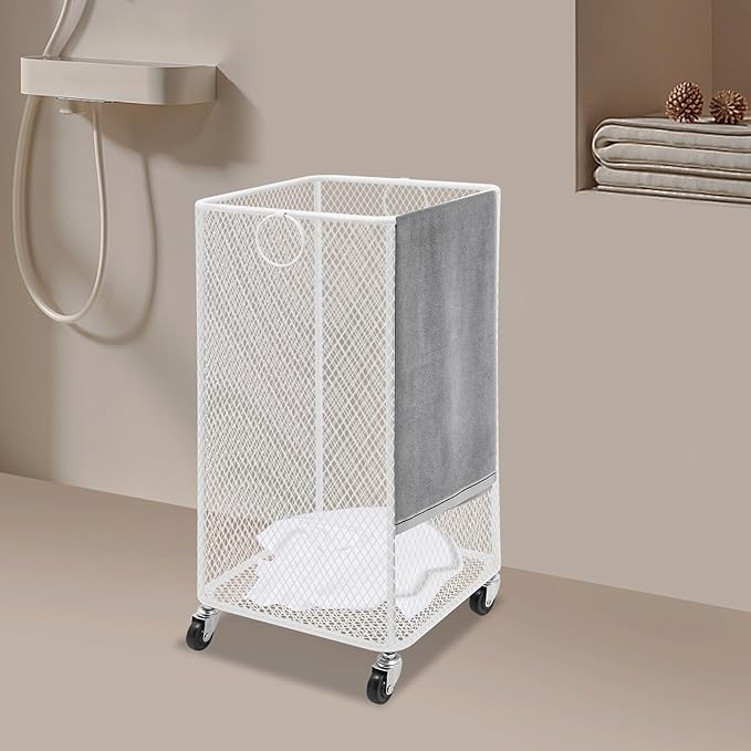 Rolling Laundry Basket Cart, Metal Laundry Hamper with Wheels, Laundry Organizer Basket Cart, Clothes Storage Organizer Hamper for Living Room,Bathroom,Closet (White, Square)