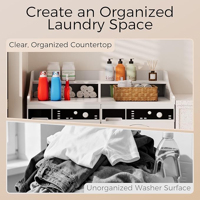 2-Tier Washer Dryer Topper, 54" x 27.6" Washer Dryer Countertop with Non-Slip Mat, Laundry Room Organizer with Storage Shelf for Folding & Sorting Clothes,White